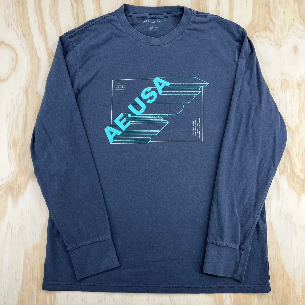 American Eagle Mens AE USA Graphic Long Sleeve T-Shirt Navy Blue Size Medium